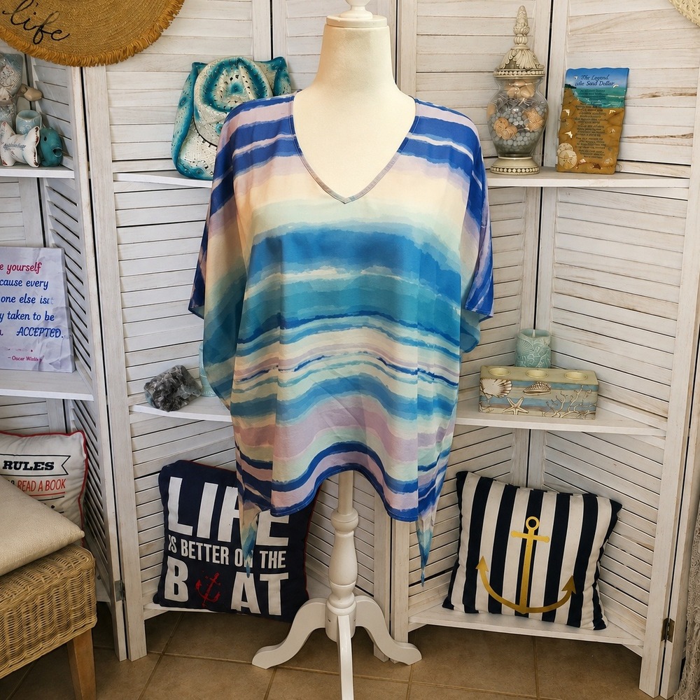 Colleen Lopez Oversized Nautical Colorblock Blouse Size L Boho, Nautical, Resort